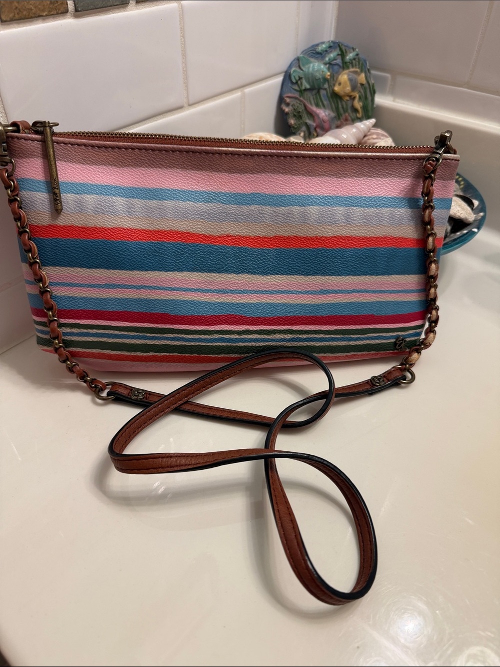Elliott Lucca Striped Multicolor Leather Chain Crossbody - Pink Blue Red Teal